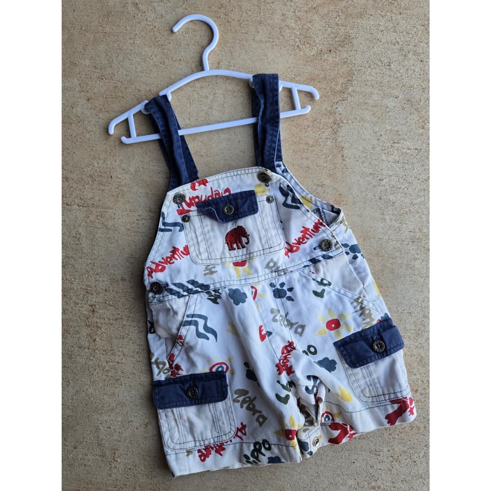 Vintage AOP 12M Overall One-Piece Elephant Animal Embroidered Zoo Graphic Print